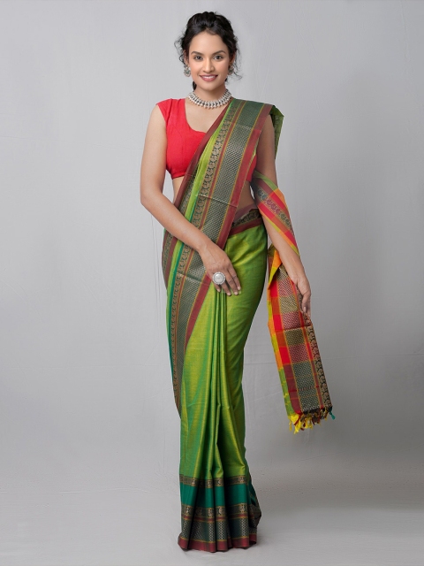 

Unnati Silks Green & Orange Woven Design Pure Cotton Kanjeevaram Handloom Saree