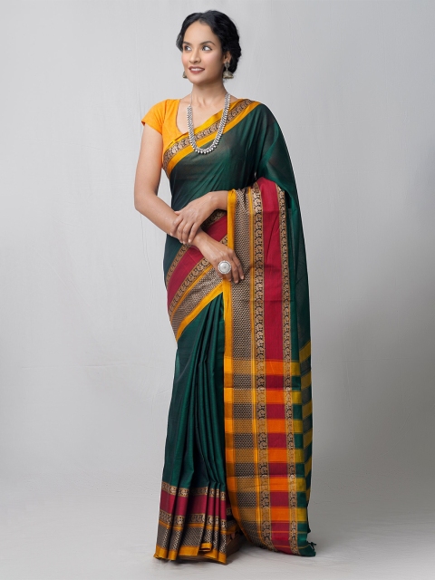 

Unnati Silks Green & Red Striped Pure Cotton Handloom Kanjeevaram Saree