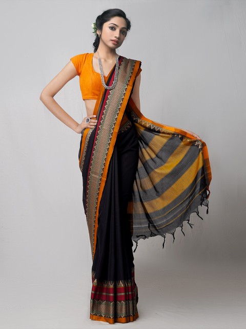 

Unnati Silks Black & Orange Woven Design Pure Cotton Kanjeevaram Saree