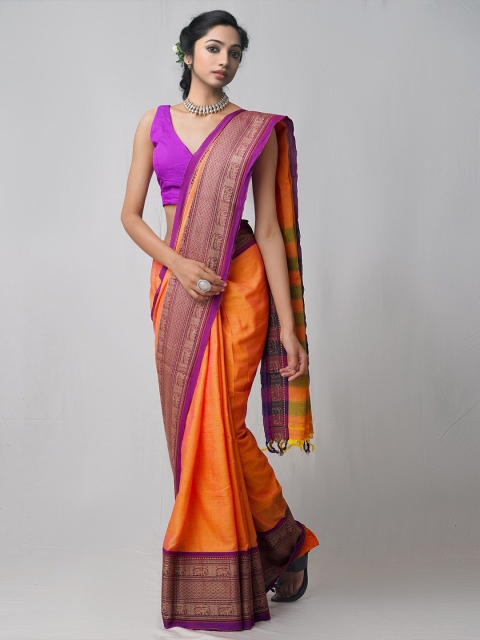 

Unnati Silks Orange & Purple Woven Design Pure Cotton Narayan Peth Handloom Saree