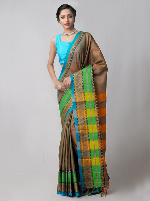 

Unnati Silks Brown & Green Woven Design Handloom Sustainable Pavani Kanchi Cotton Saree