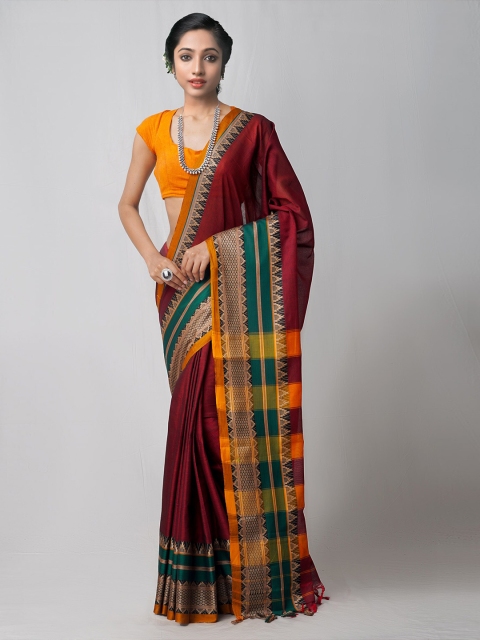 

Unnati Silks Maroon & Teal Woven Design Pure Cotton Kanjeevaram Saree