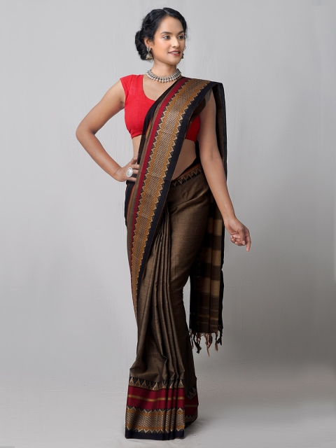 

Unnati Silks Brown & Black Woven Design Pure Cotton Kanjeevaram Saree