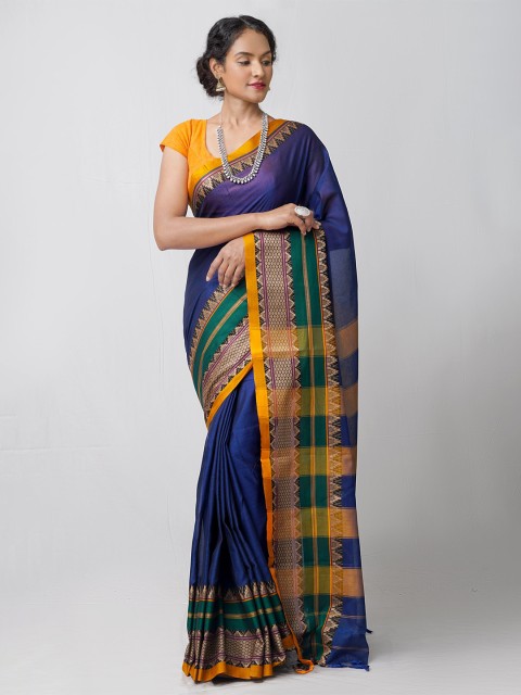 

Unnati Silks Blue & Orange Woven Design Pure Cotton Kanjeevaram Handloom Saree
