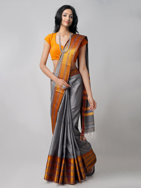 

Unnati Silks Grey & Orange Woven Design Pure Cotton Zari Handloom Narayan Peth Saree