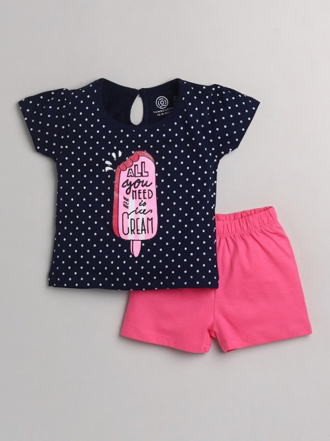 

TAMBOURINE Girls Navy Blue & Pink Polka Dots Printed Co-Ord set