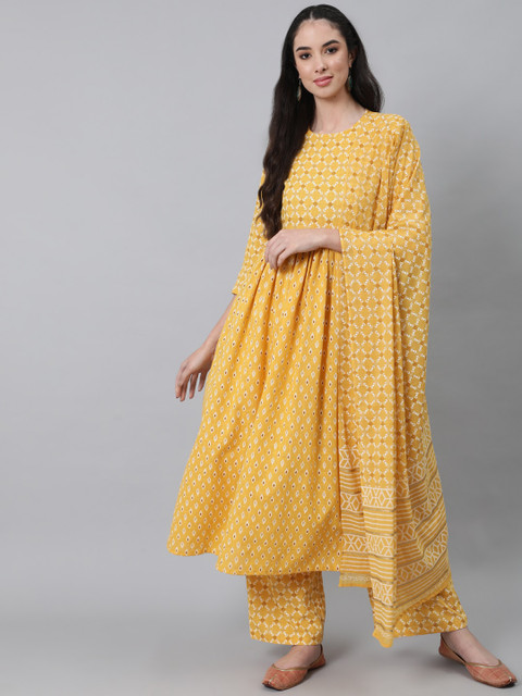 

Nayo Women Yellow Ethnic Motifs Printed Pure Cotton Kurta with Trousers & With Dupatta