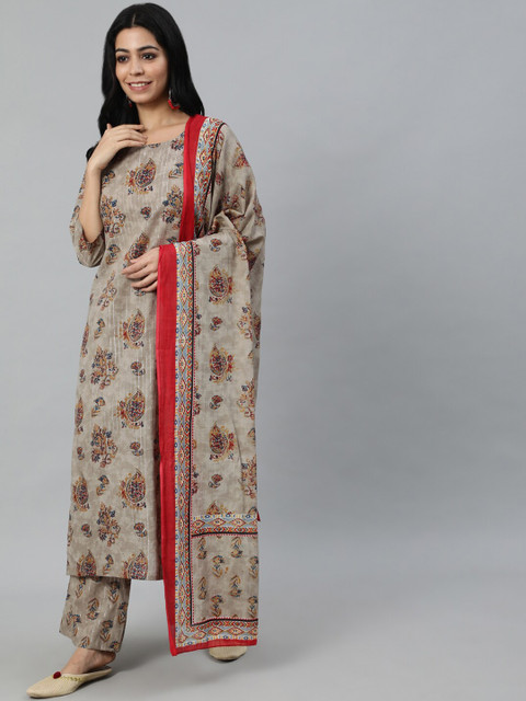 

Nayo Women Grey Floral Printed Pure Cotton Kurta with Trousers & With Dupatta