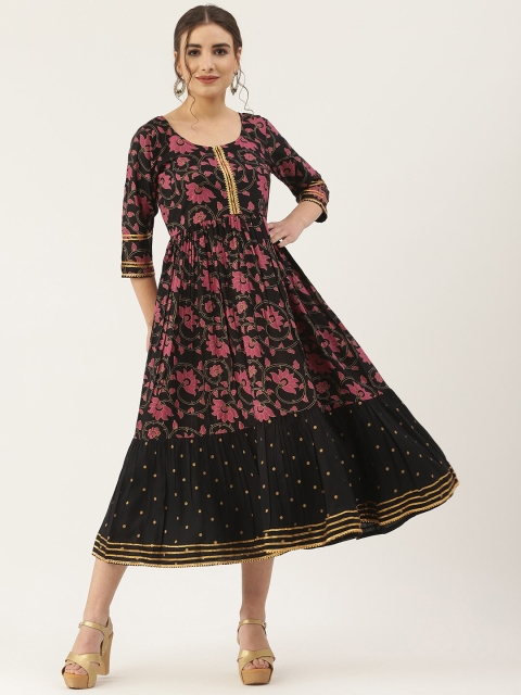 

Rustorange Black & Pink Floral A-Line Midi Dress