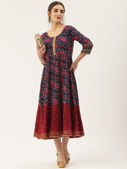 

Rustorange Women Blue & Maroon Ethnic Motifs Midi Dress