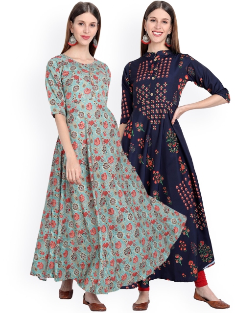 

7Threads Women Pack of 2 Navy Blue & Sea Green Floral Printed Floral Crepe Anarkali Kurta