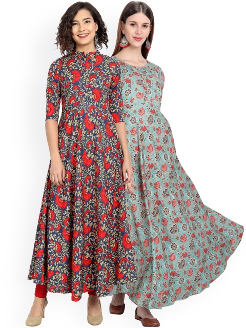 

7Threads Women Pack of 2 Floral Printed Floral Crepe Anarkali Kurta, Red