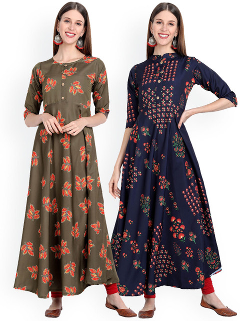 

7Threads Women Pack of 2 Floral Printed Floral Crepe Anarkali Kurta, Green