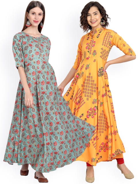 

7Threads Women Pack of 2 Floral Printed Floral Crepe Anarkali Kurta, Blue
