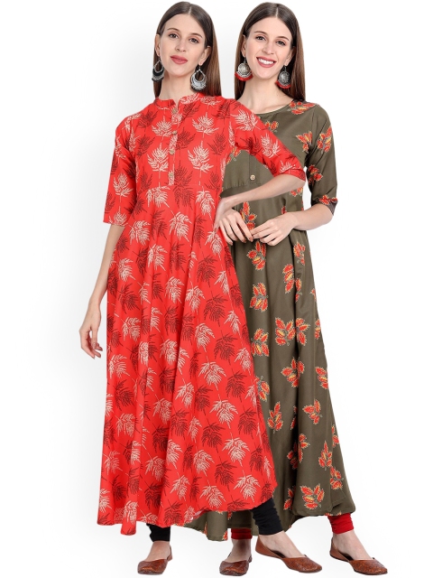

7Threads Women Pack of 2 Orange & Brown Floral Printed Floral Crepe Anarkali Kurta