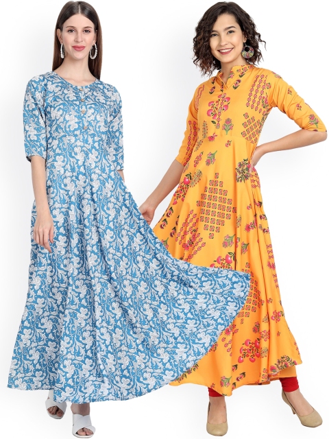 

7Threads Women Pack of 2 Floral Printed Floral Crepe Anarkali Kurta, Blue