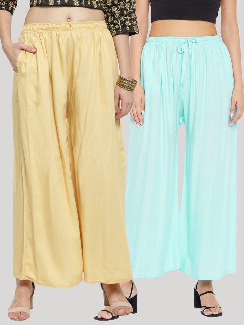 

Clora Creation Women Tan & Sea Green Set Of 2 Flared Knitted Palazzos