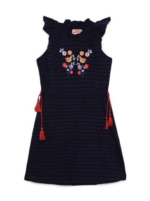 

UNDER FOURTEEN ONLY Navy Blue & Orange Floral Striped A-Line Dress