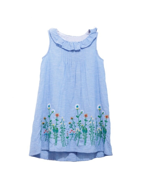 

UNDER FOURTEEN ONLY Blue Cotton Floral Embroidered A-Line Dress