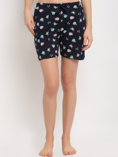 

Kanvin Women Navy Blue Printed Mid-Rise Pure Cotton Lounge Shorts