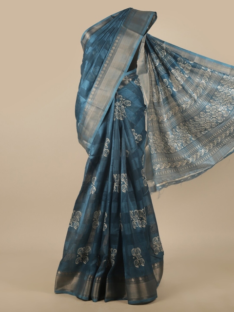 

Pothys Teal & Beige Floral Printed Zari Border Saree