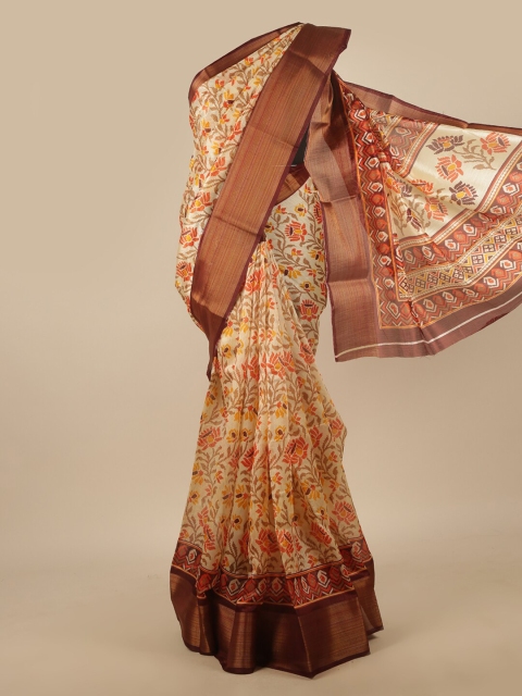 

Pothys Cream-Coloured & Gold-Toned Floral Printed Zari Border Saree