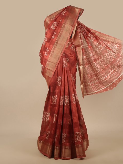 

Pothys Rust & Off-White Ethnic Motifs Printed Zari Saree