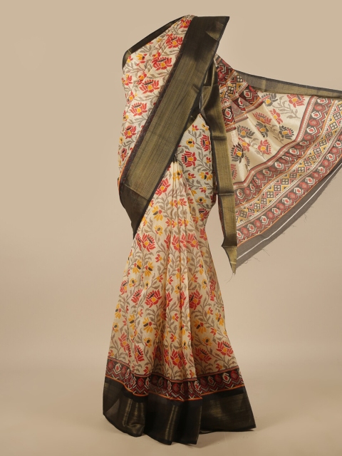 

Pothys Black & Gold-Toned Floral Printed Zari Border Saree