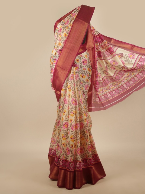 

Pothys Cream-Coloured & Pink Floral Zari Saree
