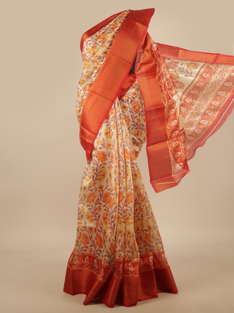 

Pothys Cream-Coloured & Orange Floral Printed Zari Saree