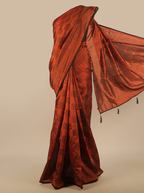

Pothys Rust & Black Ethnic Motifs Printed Mirror Work Saree
