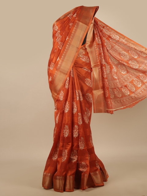 

Pothys Rust & Gold-Toned Floral Printed Zari Border Saree