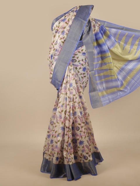 

Pothys Blue & Gold-Toned Floral Printed Zari Border Saree