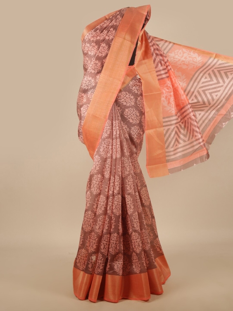 

Pothys Peach-Coloured & Grey Ethnic Motifs Zari Saree