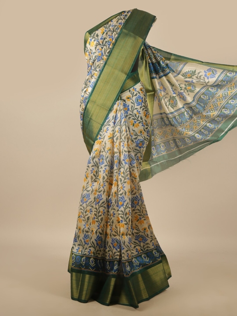 

Pothys Cream-Coloured & Blue Floral Printed Zari Saree