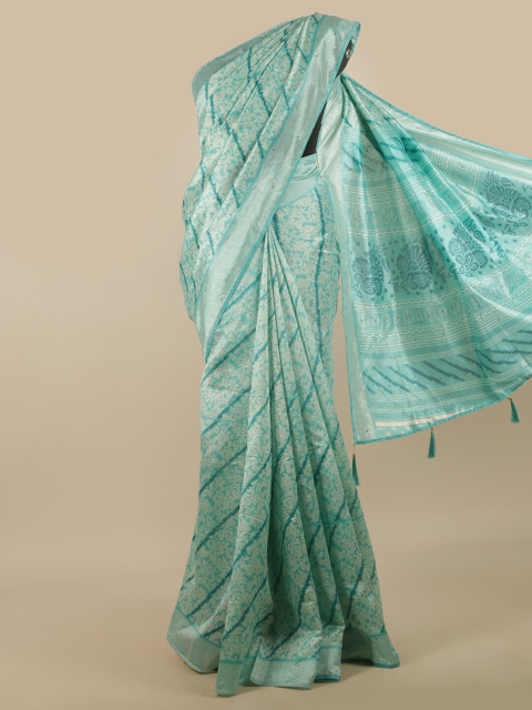 

Pothys Turquoise Blue & White Ethnic Motifs Beads and Stones Saree