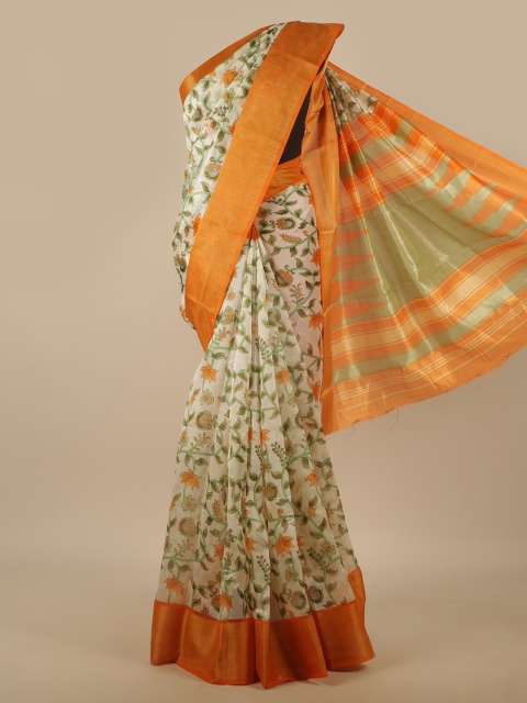 

Pothys White & Green Floral Zari Saree