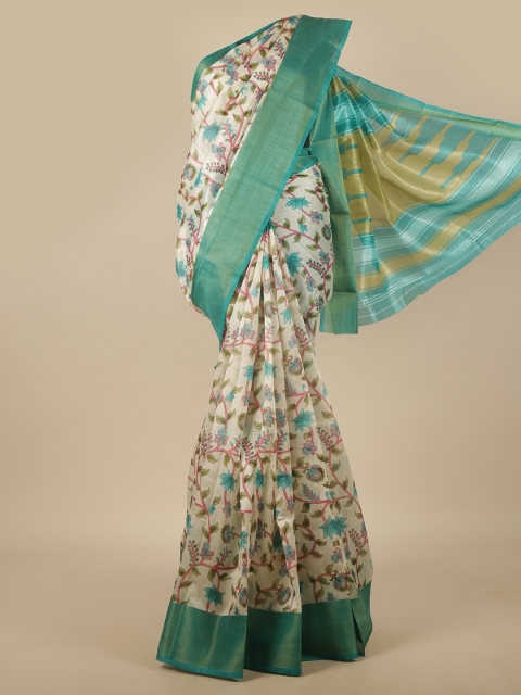 

Pothys Green & Gold-Toned Floral Printed Zari Border Saree