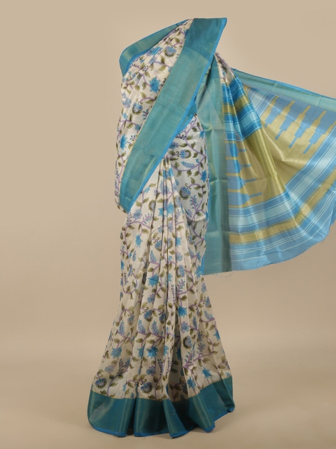 

Pothys Cream-Coloured & Blue Floral Zari Saree