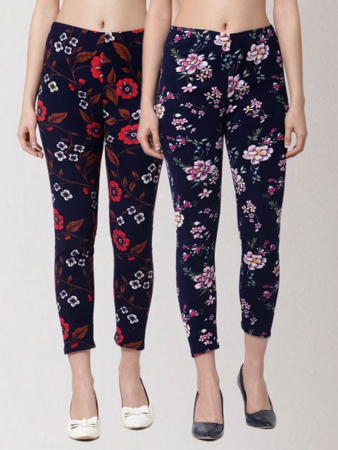 

KLOTTHE Women Pack Of 2 Floral Printed Skinny Fit Woolen Jeggings, Navy blue