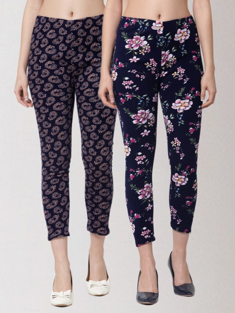

KLOTTHE Women Set of 2 Navy Blue & Pink Printed Skinny Fit Woolen Jeggings
