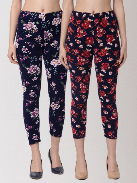 

KLOTTHE Women Pack Of 2 Floral Printed Skinny Fit Woolen Jeggings, Navy blue