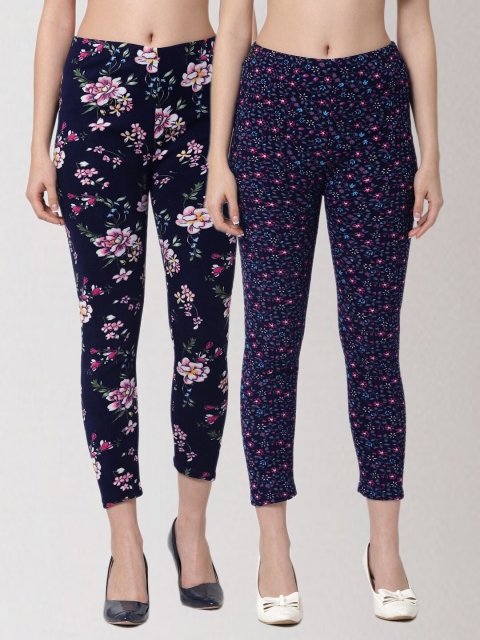 

KLOTTHE Women Pack Of 2 Floral Printed Skinny Fit Woollen Treggings, Blue