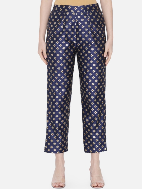 

VAABASTA Women Navy Blue Ethnic Motifs Printed Tapered Fit Trousers