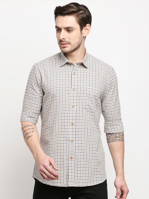 

EVOQ Men Beige Classic Checked Pure Cotton Casual Shirt