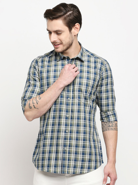 

EVOQ Men Blue Classic Tartan Checks Pure Cotton Casual Shirt