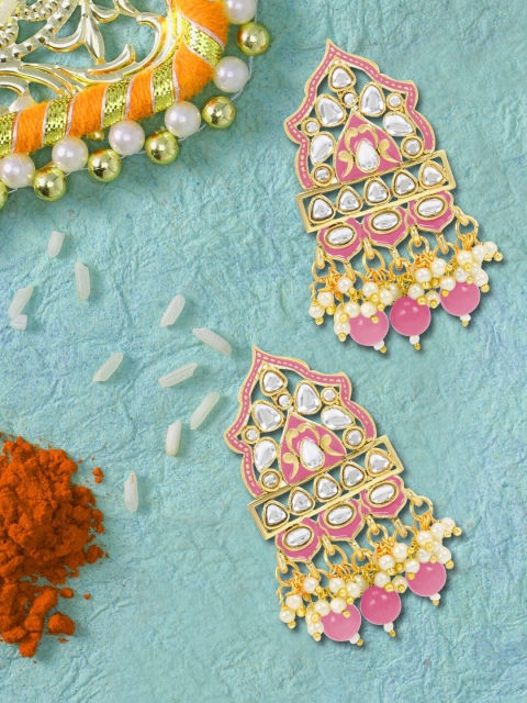 

LIVE EVIL Pink Geometric Gold Plated Handcrafted Kundan and Pearl Drop Earrings