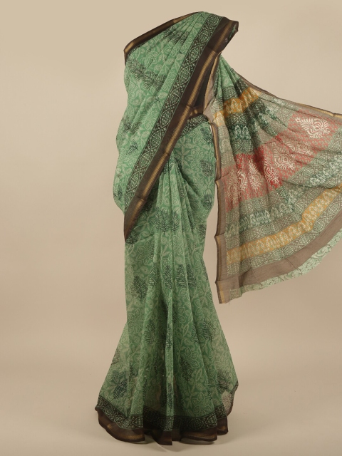 

Pothys Green & Coffee Brown Floral Printed Saree