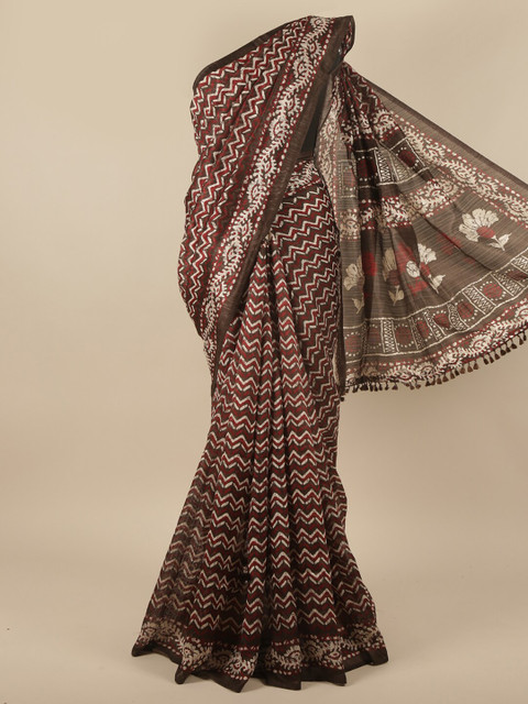

Pothys Brown & White Cotton Blend Saree