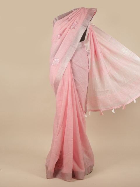 

Pothys Pink & Silver-Toned Floral Embroidered Linen Blend Saree